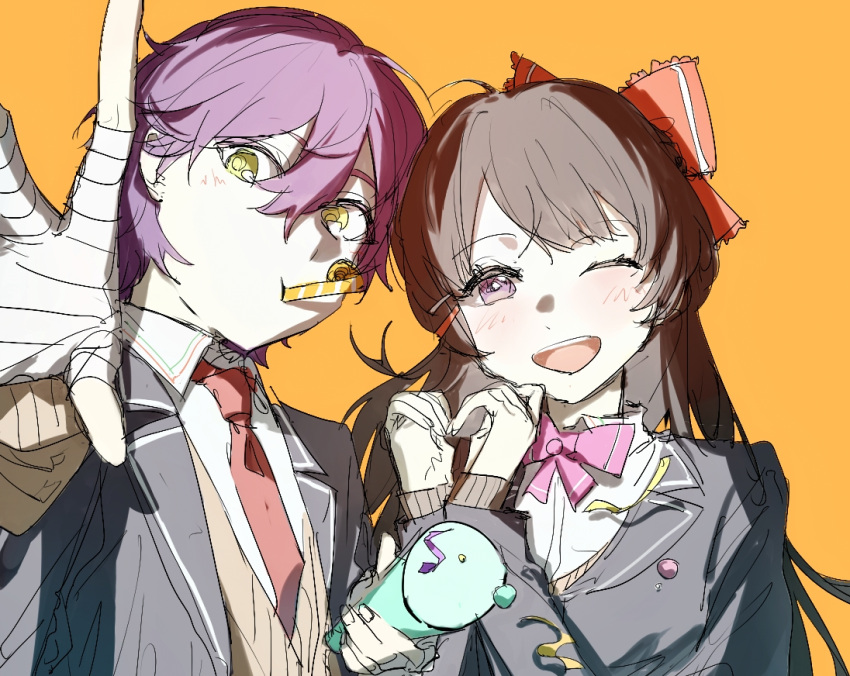 1boy 1girl bandaged_hand bandages blazer blush bow bowtie collared_shirt commentary_request confetti hair_bow heart heart_hands holding_party_popper jacket kenmochi_touya kenmochi_touya_(1st_costume) light_blush long_hair looking_at_viewer mouth_hold necktie nijisanji one_eye_closed orange_background party_horn pink_bow pink_bowtie popoyu purple_eyes purple_hair reaching reaching_towards_viewer red_bow red_necktie school_uniform shirt short_hair side-by-side simple_background sketch smile tsukino_mito tsukino_mito_(1st_costume) upper_body virtual_youtuber white_shirt yellow_eyes