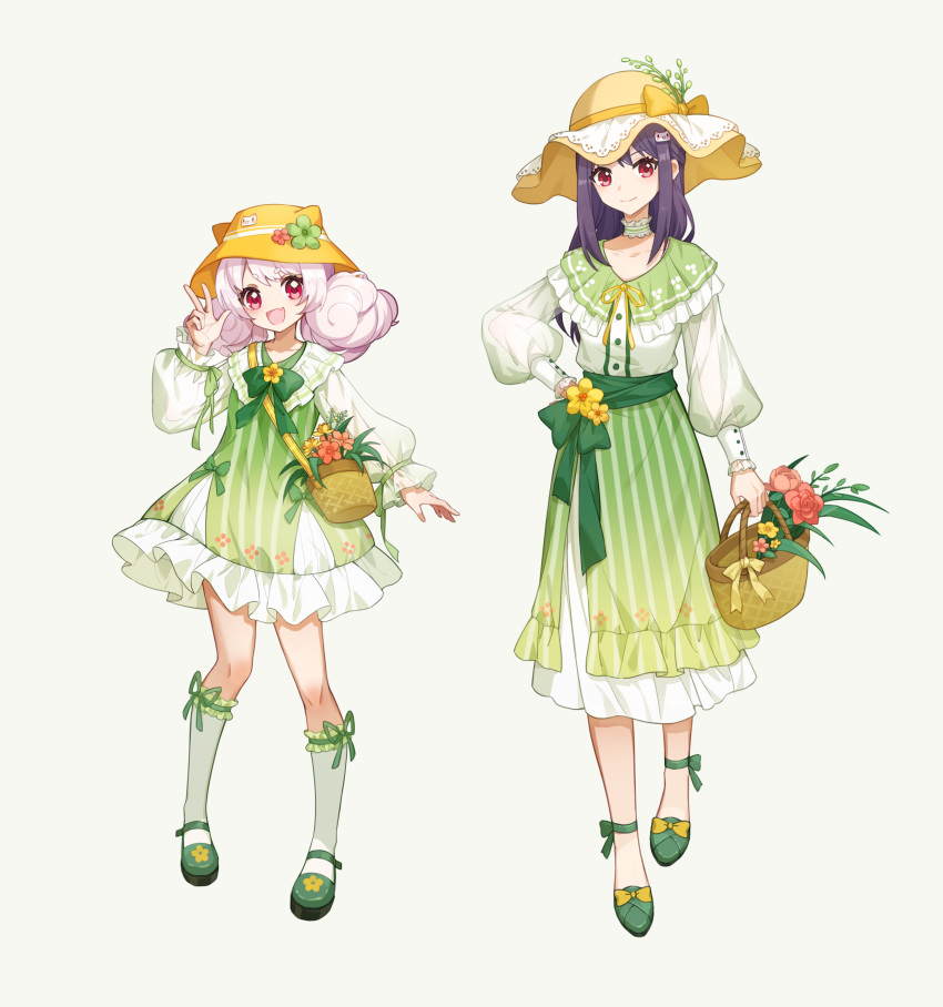 2girls :d absurdres animal_hat ankle_bow anklet bag basket bcy belt black_hair bow bowtie brown_bag bucket_hat cat_hat choker collar collarbone dress dress_bow fang floral_print flower footwear_bow footwear_flower frilled_choker frilled_collar frilled_dress frilled_socks frills full_body green_background green_belt green_bow green_bowtie green_dress green_flower green_footwear green_ribbon green_skirt hand_on_own_hip hand_up hat hat_bow hat_flower hat_leaf highres holding holding_basket jewelry jiuying kneehighs layered_skirt long_hair long_skirt long_sleeves looking_at_viewer low_twintails mary_janes miao_jiujiu multiple_girls neck_ribbon puffy_long_sleeves puffy_sleeves red_eyes red_flower ribbon ribbon-trimmed_socks ruan_miemie see-through see-through_sleeves shirt shoes short_eyebrows shoulder_bag side_slit skin_fang skirt smile socks standing striped striped_skirt sun_hat tachi-e twintails v-neck vertical-striped_skirt vertical_stripes w white_choker white_hair white_shirt white_socks yellow_bow yellow_flower yellow_headwear yellow_ribbon