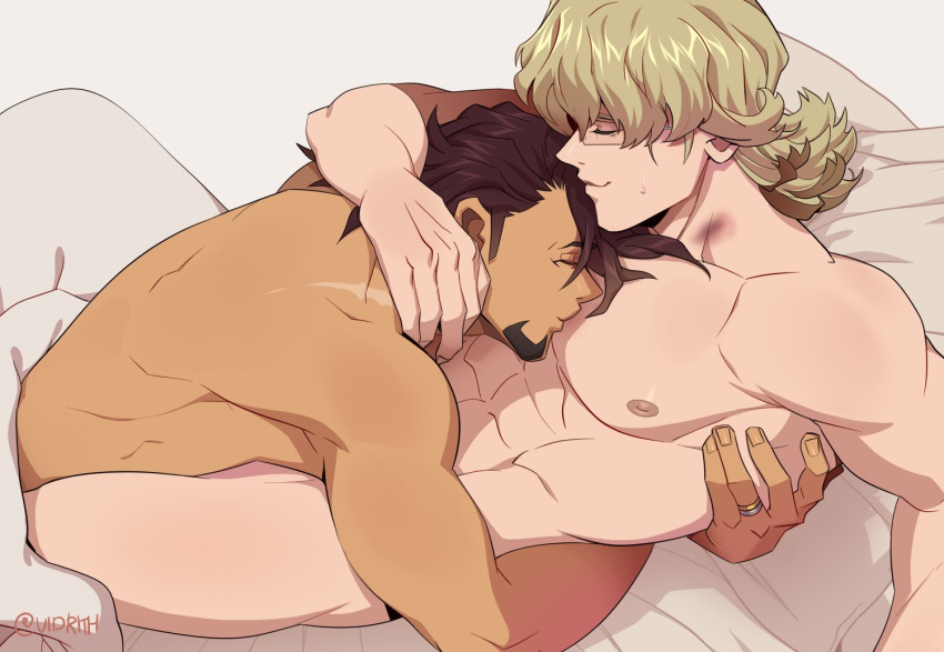 2boys abs bara barnaby_brooks_jr. bed black_hair blonde_hair closed_eyes closed_mouth completely_nude couple dark-skinned_male dark_skin facial_hair hug kaburagi_t._kotetsu large_pectorals lobelmont lying male_focus multiple_boys muscular muscular_male nipples nude on_back on_bed pectorals short_hair smile tiger_&amp;_bunny yaoi