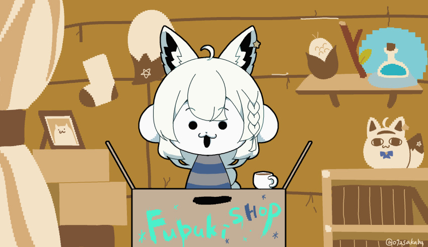 0725akaba 1girl :3 :d ahoge animal_ear_fluff animal_ears box braid cardboard_box corn cosplay crate cup curtains fox_ears highres hololive long_hair open_mouth pixelated potion shelf shirakami_fubuki shirt smile solid_circle_eyes star_(symbol) stick striped striped_shirt style_request temmie temmie_(cosplay) twitter_username undertale very_long_hair virtual_youtuber white_hair