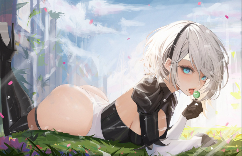 1girl 2b_(nier:automata) ass black_hairband blue_eyes boots breasts clothing_cutout feather-trimmed_sleeves feather_trim gloves hairband highres juliet_sleeves leotard long_sleeves looking_at_viewer medium_breasts mole mole_under_mouth neorarty nier:automata nier_(series) no_blindfold puffy_sleeves short_hair solo teeth thighhighs thighhighs_under_boots thong_leotard tongue tongue_out upper_teeth_only white_hair white_leotard