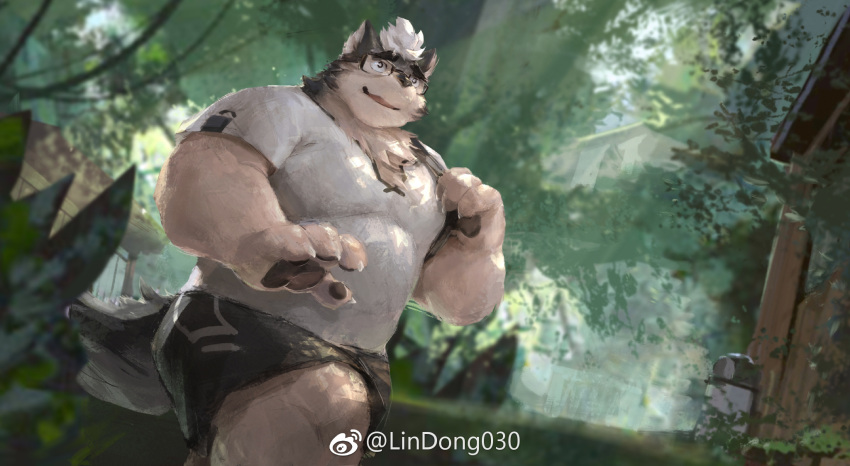 1boy animal_ears bara beenic dog_boy dog_ears feet_out_of_frame forest from_below furry furry_male grey_fur highres large_pectorals lindong male_focus muscular muscular_male nature original pectorals short_hair solo thick_eyebrows walking