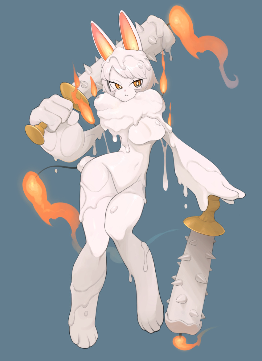 1girl :&lt; animal_ears animal_feet baseball_bat blue_background breasts bright_pupils candle closed_mouth daon_(kenta111881) dual_wielding fire flame-tipped_tail full_body furry furry_female hands_up highres holding holding_baseball_bat looking_at_viewer medium_breasts melting orange_eyes original over_shoulder oversized_limbs pigeon-toed rabbit_ears rabbit_girl short_hair simple_background solo spiked_bat standing tail weapon weapon_over_shoulder white_hair white_pupils