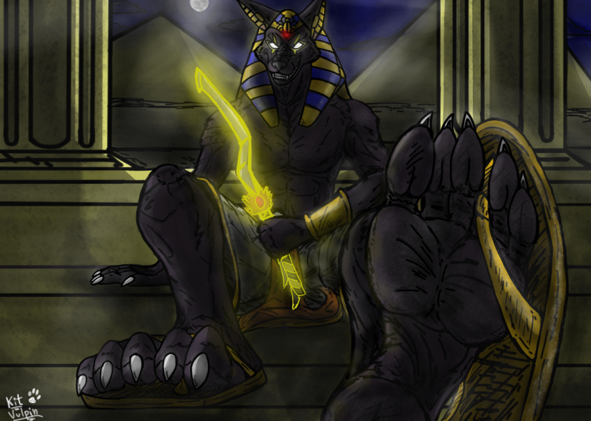 2018 5_toes anthro anubian_jackal anubis armor black_body black_fur bottomwear bracers canid canine canis claws clothed clothing deity egyptian_mythology feet finger_claws foot_fetish foot_focus footwear fur headgear headwear jackal kitvulpin light loincloth looking_at_viewer male mammal melee_weapon middle_eastern_mythology moon moonlight mythology night pecs pillar pillars pyramid sandals sharp_teeth signature sitting smile smiling_at_viewer snout soles solo steps sword teeth toe_claws toes topless topless_anthro topless_male weapon white_claws white_eyes