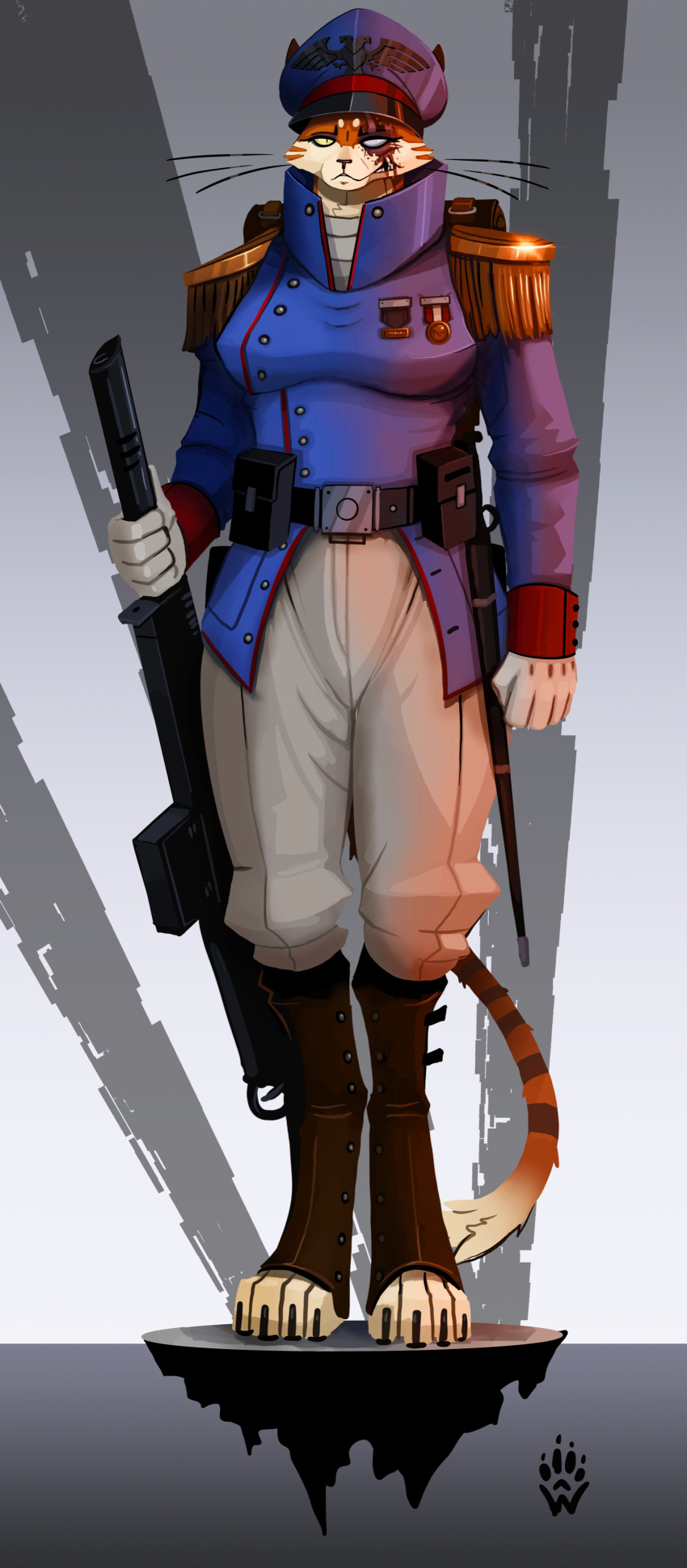 absurd_res anthro blind_eye blue_clothing breasts clothing epaulet facial_scar felid feline felinid female fur gloves gun handwear hat hat_band headgear headwear hi_res holding_gun holding_object holding_weapon mammal markings medal military_cap military_uniform multicolored_body multicolored_fur orange_body orange_fur ranged_weapon scar sheathed_sword solo striped_markings striped_tail stripes tail tail_markings two_tone_body two_tone_fur uniform warhammer_(franchise) warhammer_40000 weapon whiskers white_body white_clothing white_fur white_gloves white_handwear wolfdawg yellow_eyes