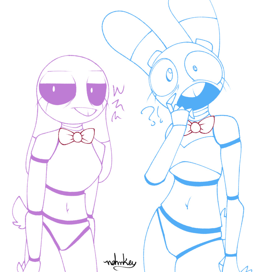 2023 animatronic anthro bonnie_(fnaf) bow_(feature) bow_tie buckteeth digital_media_(artwork) duo exclamation_point female five_nights_at_freddy's five_nights_at_freddy's_2 hi_res lagomorph leporid looking_at_viewer machine mammal nehmkey open_mouth question_mark rabbit robot scottgames simple_background teeth toy_bonnie_(fnaf) unimpressed weaver_bonnie white_background