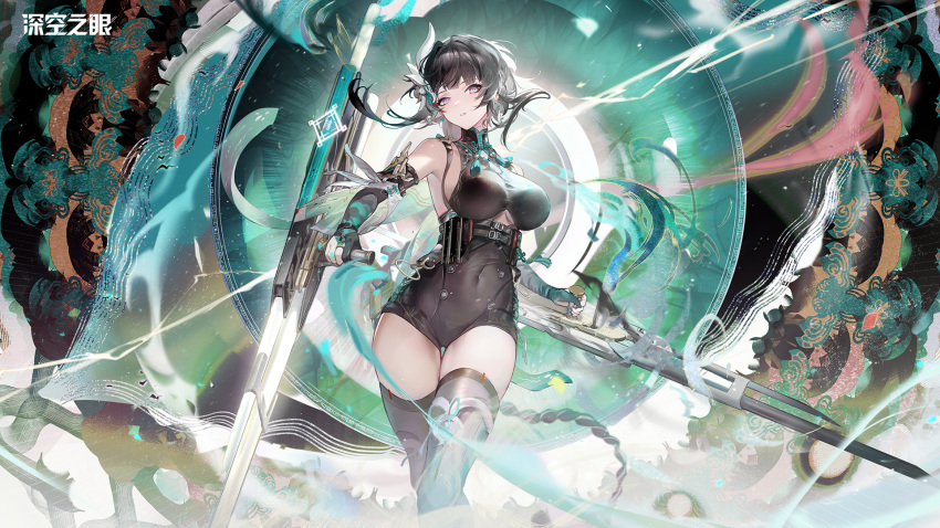 1girl aether_gazer armpits artist_request bare_shoulders belt black_gloves black_hair black_leotard black_thighhighs bladed_tonfa breasts cleavage_cutout clothing_cutout covered_navel detached_sleeves dual_wielding elbow_gloves gloves hair_ornament highres holding huge_weapon large_breasts leotard long_hair looking_at_viewer multiple_belts official_art partially_fingerless_gloves purple_eyes short_sleeves solo taut_leotard thigh_gap thighhighs thighs tonfa turtleneck underboob underboob_cutout weapon ying_zhao_(aether_gazer)