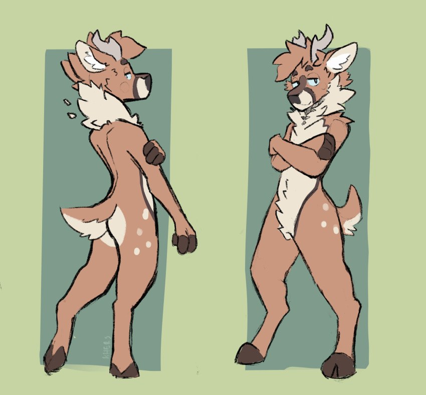 2022 anthro cloven_hooves crossed_arms deer featureless_crotch hi_res hooved_digitigrade hooves horn kherspurrs male mammal multiple_poses nub_tail nude pose simple_background solo standing