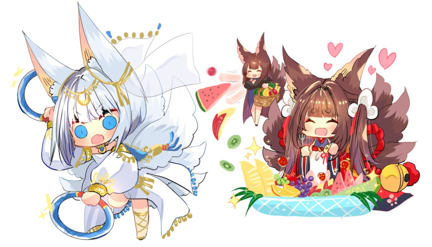 3girls amagi-chan_(azur_lane) amagi_(azur_lane) amagi_(red_kite_respite)_(azur_lane) animal_ear_fluff animal_ears arabian_clothes azur_lane blue_dress blue_eyes blue_gemstone breasts brown_hair chain chakram chibi closed_eyes detached_sleeves dress food fox_ears fox_girl fox_tail fruit fruit_bowl gem gold gold_chain grapes hair_ornament heart kaga_(snowsilk_fox_dance)_(azur_lane) kitsune kiwi_(fruit) kiwi_slice kyuubi large_breasts large_tail long_hair long_sleeves melon melon_slice multiple_girls multiple_tails official_alternate_costume open_mouth orange_(fruit) puffy_sleeves putimaxi see-through short_hair simple_background standing standing_on_one_leg tail weapon white_background white_hair