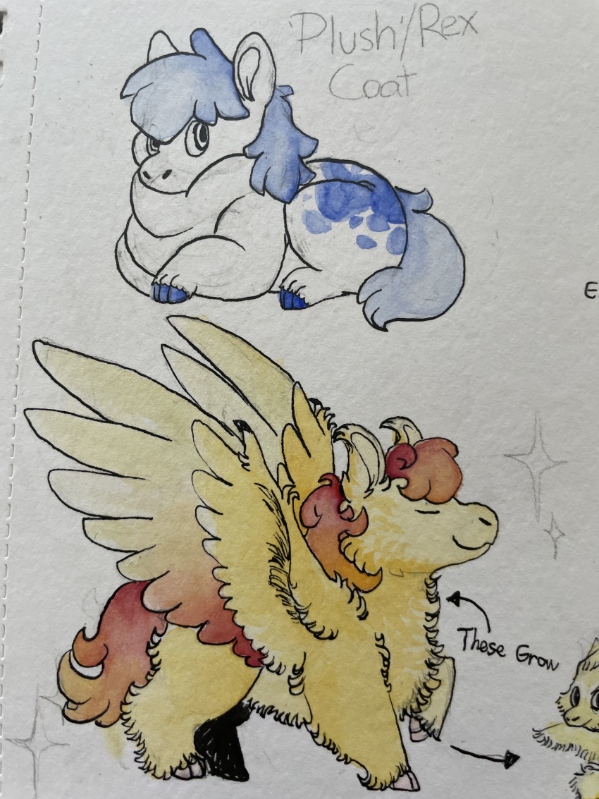 absurd_res ambiguous_gender blue_body blue_fur blue_hair buttonback duo english_text equid equine fluffy_pony fur hair hi_res mammal orange_hair pegasus red_hair text white_body white_fur wings yellow_body yellow_fur