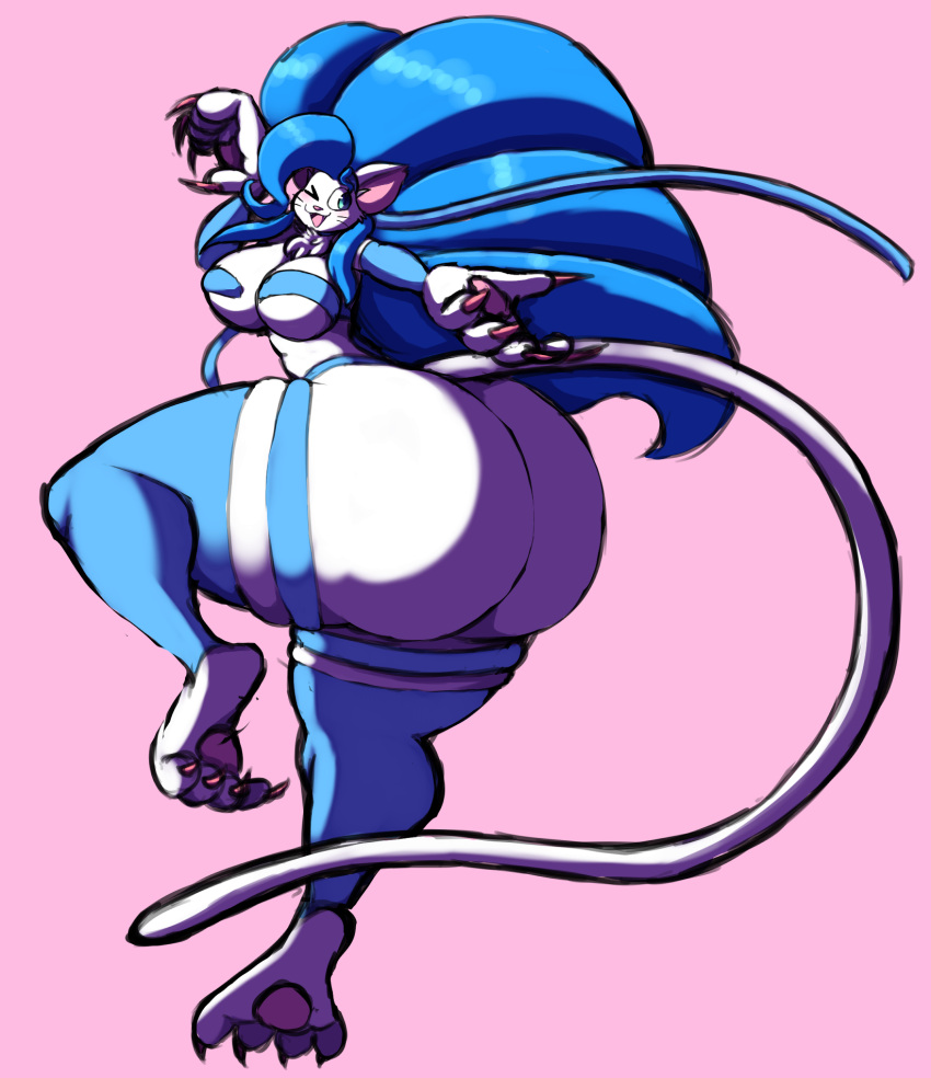 2022 4_toes alternate_species anthro atsuineko big_breasts big_butt big_hands biped blue_body blue_hair blush breasts butt capcom chest_tuft claws darkstalkers domestic_cat feet felicia_(darkstalkers) felid feline felis female fighting_pose fluffy fluffy_hair fur_pattern green_eyes hair hi_res hindpaw huge_butt huge_hips huge_thighs hyper hyper_butt hyper_thighs long_hair long_tail looking_back mammal nude one_eye_closed open_mouth open_smile pawpads paws pear-shaped_figure pink_background pose simple_background small_waist smile solo squish tail thick_thighs thigh_squish three-quarter_view toes tuft whiskers white_body wide_hips wink