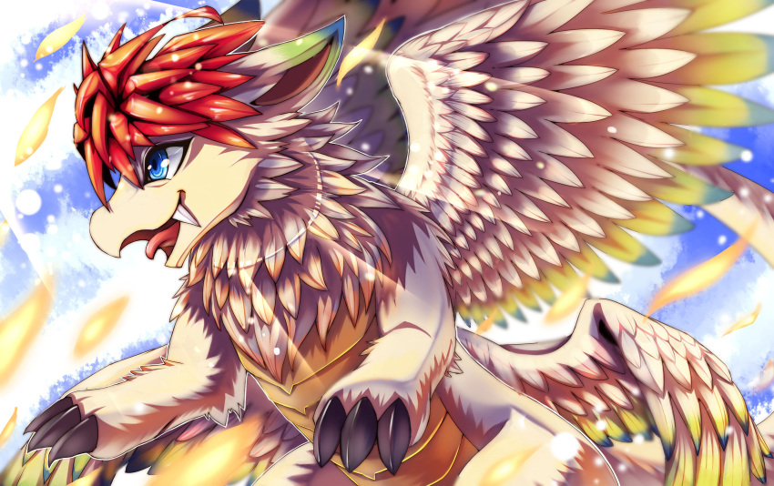 ambiguous_gender blue_eyes blue_sky chest_tuft cloud dragon ears_back fangs feathered_wings feathers feral fur furred_dragon glistening glistening_eyes hair hi_res kuttoyaki open_mouth pivoted_ears red_tongue scales sky solo tan_body tan_fur tan_wings teeth tongue tuft white_hair wings yellow_body yellow_scales