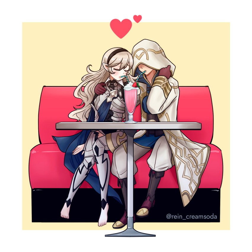 1boy 1girl barefoot bendy_straw boots breasts cloak corrin_(female)_(fire_emblem) corrin_(fire_emblem) couple drinking_straw fire_emblem fire_emblem_fates fire_emblem_heroes food fruit hairband heart hetero hood hooded_cloak kiran_(fire_emblem) kiran_(male)_(fire_emblem) large_breasts leather leather_boots long_hair milkshake pointy_ears rein_creamsoda strawberry