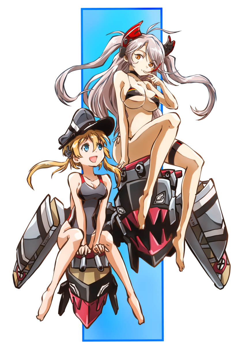2girls azur_lane bikini blonde_hair breasts cleavage competition_swimsuit crossover flag_print full_body german_flag_bikini hat highres historical_name_connection kantai_collection large_breasts low_twintails multicolored_hair multiple_girls name_connection official_alternate_costume one-piece_swimsuit prinz_eugen_(azur_lane) prinz_eugen_(kancolle) prinz_eugen_(unfading_smile)_(azur_lane) rigging streaked_hair swimsuit taiga_hiroyuki thigh_strap twintails two_side_up
