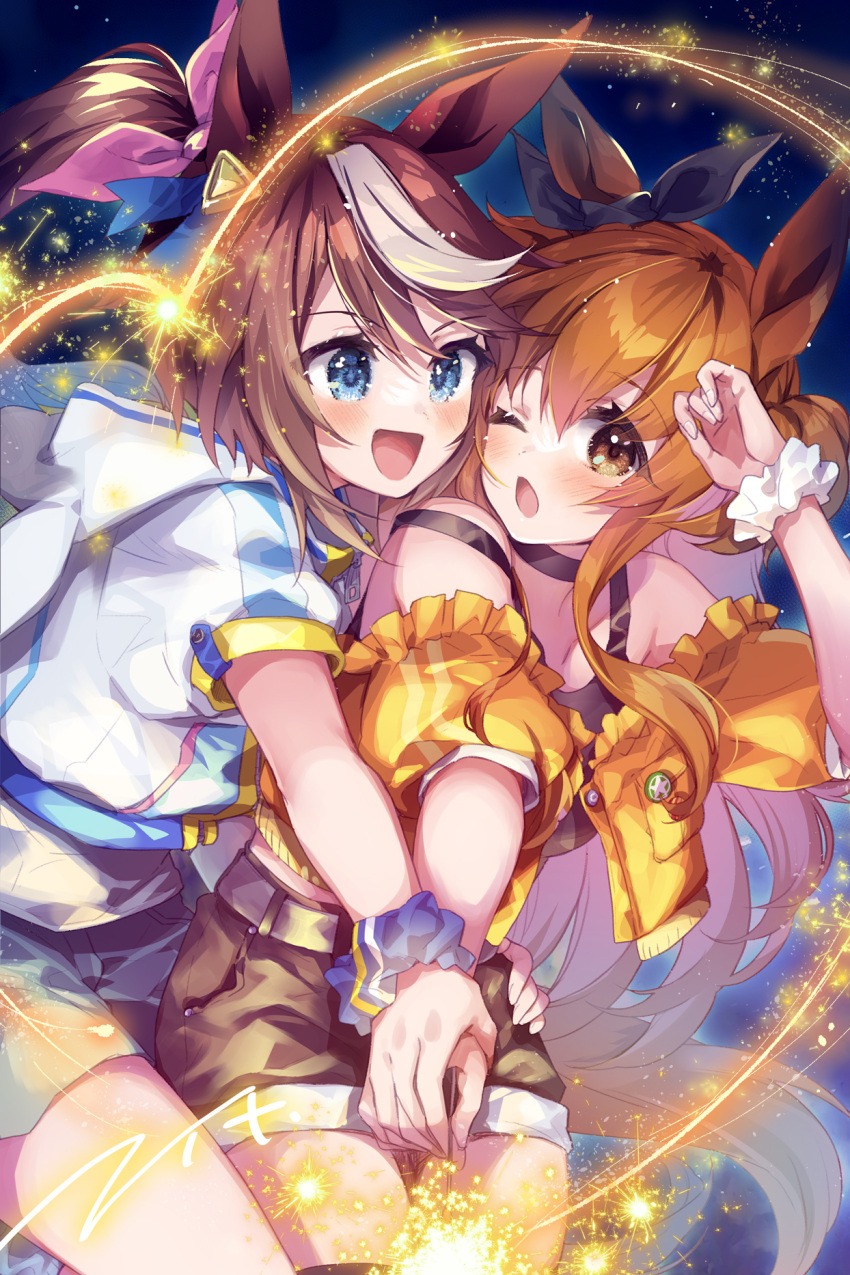 2girls :d animal_ears black_ribbon black_shorts blue_eyes blue_scrunchie blush brown_eyes brown_hair brown_shorts commentary_request ear_ribbon ech frilled_jacket frills hair_ribbon highres hood hood_down hooded_jacket horns horse_ears jacket mayano_top_gun_(umamusume) multicolored_hair multiple_girls off-shoulder_jacket off_shoulder one_eye_closed open_clothes open_jacket open_mouth pink_ribbon ponytail puffy_short_sleeves puffy_sleeves ribbon scrunchie short_shorts short_sleeves shorts smile streaked_hair tokai_teio_(umamusume) umamusume v-shaped_eyebrows white_hair white_jacket wrist_scrunchie yellow_jacket