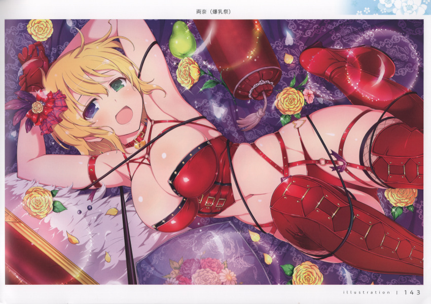 1girl absurdres armpits arms_up blonde_hair blue_eyes boots breasts cleavage corset gloves green_eyes hair_ornament heterochromia highres large_breasts looking_at_viewer lying official_art on_back open_mouth page_number panties scan senran_kagura senran_kagura_new_link shiny_skin short_hair simple_background smile solo thigh_boots thighs underwear yaegashi_nan