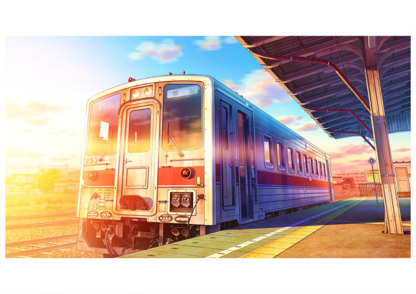 blue_sky building cloud cloudy_sky day hariken light_rays morning no_humans original railroad_tracks scenery shadow sign sky sunlight sunrise train train_station