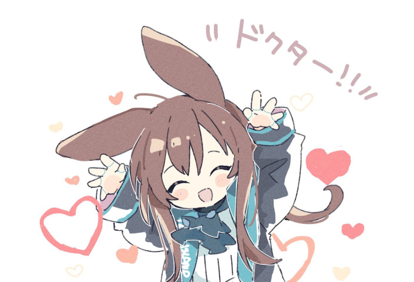 1girl :d ^_^ ahoge amiya_(arknights) animal_ears arknights arms_up ascot black_jacket blue_ascot blush_stickers brown_hair chibi closed_eyes commentary facing_viewer heart jacket jewelry long_hair multiple_rings naguru_(cyoroama) open_clothes open_jacket open_mouth rabbit_ears rabbit_girl ring shirt sidelocks simple_background smile solo thumb_ring translated upper_body white_background white_shirt