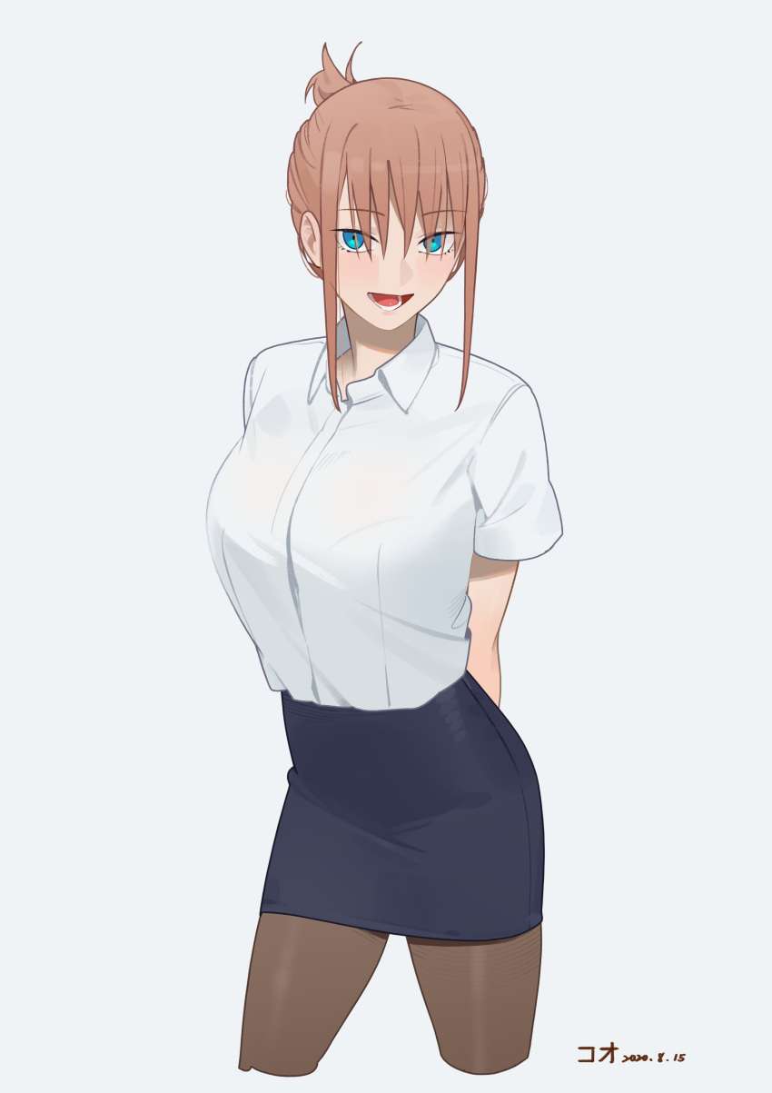 1girl absurdres arms_behind_back blue_eyes blue_skirt breasts brown_hair brown_pantyhose collared_shirt contrapposto cowboy_shot cropped_legs dated davidhuang701 eyelashes getsuyoubi_no_tawawa grey_background high-waist_skirt highres large_breasts looking_at_viewer lower_teeth_only maegami-chan_(tawawa) office_lady open_mouth pantyhose pencil_skirt shadow shirt short_sleeves sidelocks signature skirt solo teeth thighs white_shirt