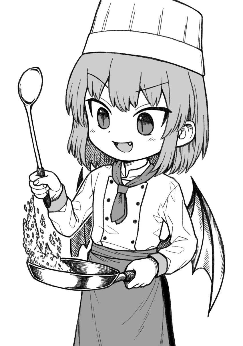 1girl :d alternate_costume bat_wings cooking fang frying_pan greyscale hat highres holding holding_frying_pan holding_ladle ladle monochrome neckerchief oninamako open_mouth remilia_scarlet short_hair simple_background slit_pupils smile solo touhou v-shaped_eyebrows wings