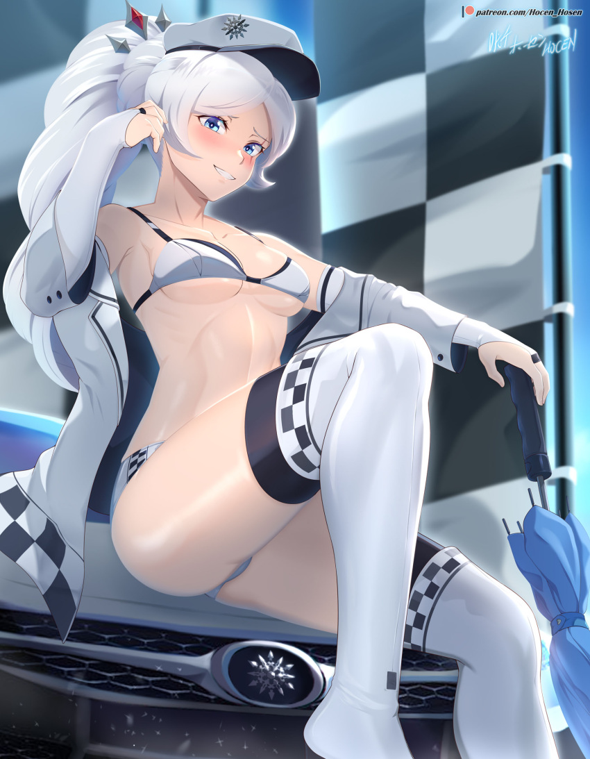 1girl alternate_costume bikini blue_eyes blush braid braided_ponytail breasts bridal_gauntlets car checkered_clothes checkered_flag flag grin hair_ornament hat high_ponytail highres holding holding_umbrella jacket long_hair looking_at_viewer midriff motor_vehicle off_shoulder on_vehicle peaked_cap race_queen rwby scar scar_across_eye scar_on_face short_shorts shorts sitting small_breasts smile snowflake_print solo swimsuit teeth thighhighs thighs tiara umbrella very_long_hair vilde_loh_hocen weiss_schnee white_bikini white_hair white_jacket white_thighhighs