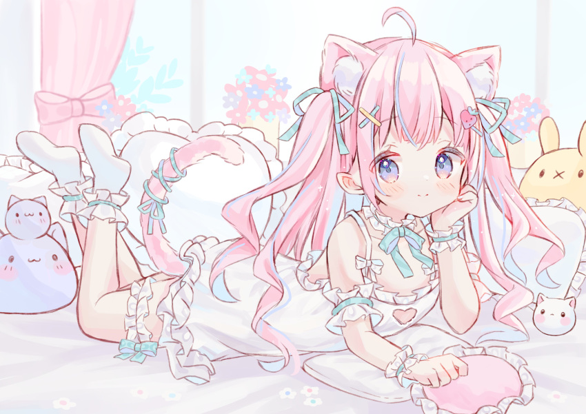 1girl absurdres ahoge animal_ear_fluff animal_ears banned_artist blue_eyes blue_ribbon cat_ears cat_girl cat_tail clothing_cutout commission commissioner_upload dress flat_chest food-themed_hair_ornament fruitsrabbit hair_ornament hair_ribbon heart heart_cutout heart_pillow highres indie_virtual_youtuber itigori_ena long_hair pillow ribbon second-party_source skeb_commission sleeveless sleeveless_dress solo strawberry_hair_ornament tail two_side_up virtual_youtuber white_dress x_hair_ornament