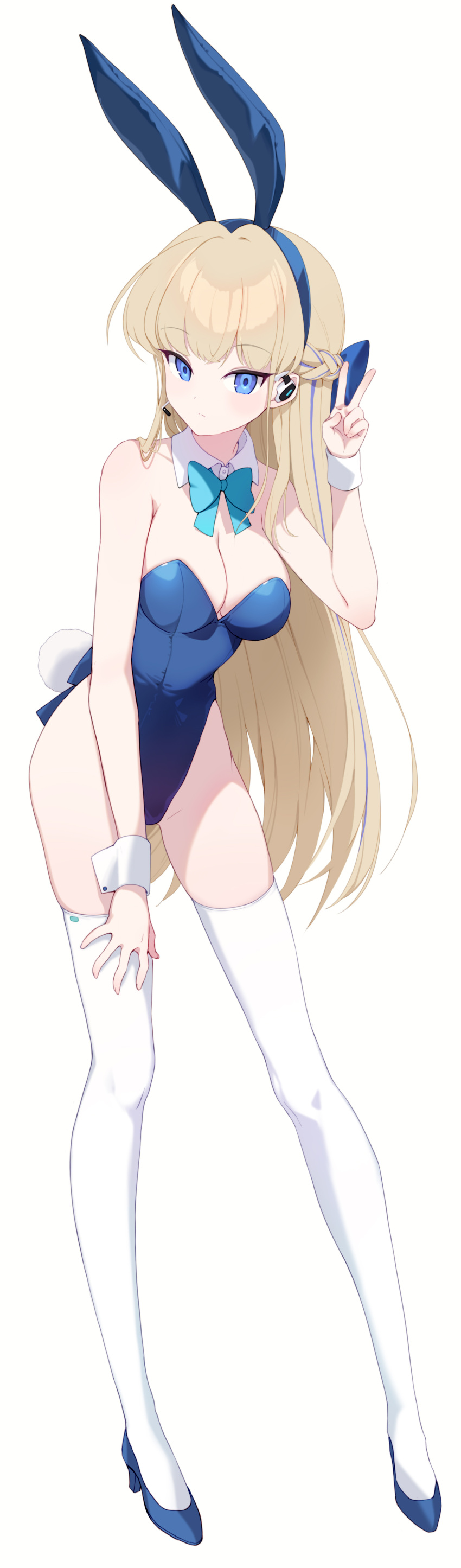 1girl absurdres animal_ears backless_leotard bare_arms bare_shoulders blonde_hair blue_archive blue_eyes blue_hairband blue_leotard bow bowtie braid breasts closed_mouth detached_collar earpiece fake_animal_ears fake_tail full_body hair_bow hairband halo head_tilt highleg highleg_leotard highres leotard long_hair looking_at_viewer multicolored_hair official_alternate_costume playboy_bunny rabbit_ears rabbit_tail skindentation small_breasts solo standing strapless strapless_leotard streaked_hair tail taro_(ultrataro) thighhighs thighs toki_(blue_archive) toki_(bunny)_(blue_archive) v very_long_hair white_thighhighs wrist_cuffs
