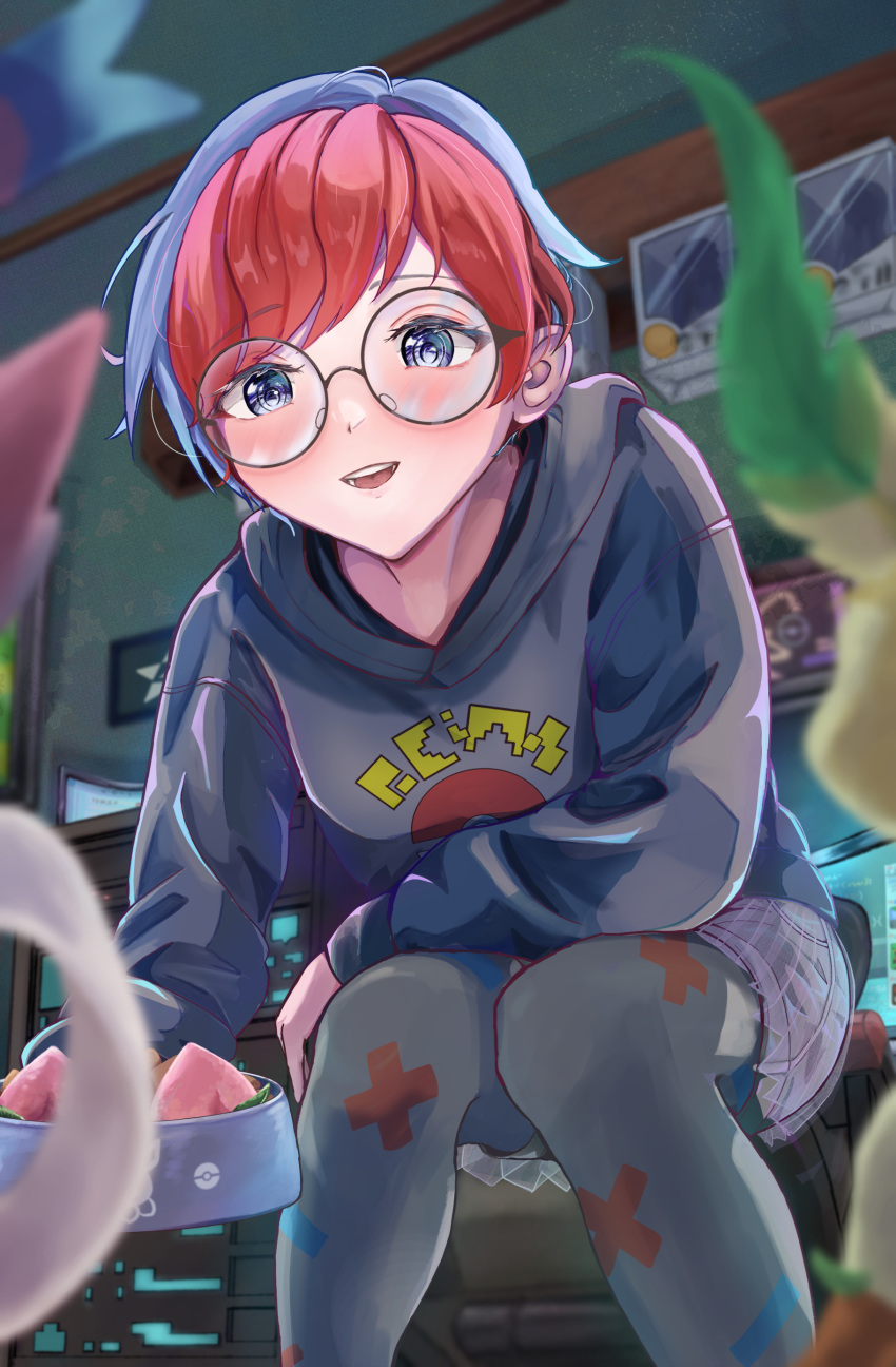 1girl :d absurdres berry_(pokemon) blue_hair blurry blurry_foreground bowl commentary_request depth_of_field eyelashes glasses grey_eyes highres holding holding_bowl hood hoodie indoors leafeon long_sleeves looking_down manta_shinkai multicolored_hair open_mouth pantyhose penny_(pokemon) pet_bowl poke_ball_print pokemon pokemon_(creature) pokemon_(game) pokemon_sv red_hair round_eyewear short_hair smile squatting sylveon teeth tongue two-tone_hair