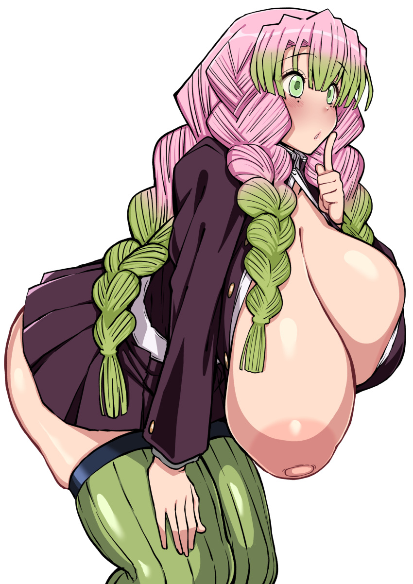 1girl arm_support bent_over blush braid breasts buttons center_opening demon_slayer_uniform finger_to_mouth from_side green_eyes green_hair green_thighhighs grey_background hand_up hanging_breasts haori highres huge_breasts index_finger_raised japanese_clothes kanroji_mitsuri kimetsu_no_yaiba komusou_(jinrikisha) large_areolae long_hair long_sleeves microskirt mole mole_under_eye multicolored_hair multiple_braids one_breast_out outstretched_arm parted_lips partially_unbuttoned pink_hair ribbed_thighhighs simple_background skirt solo standing thighhighs tri_braids two-tone_hair unaligned_breasts very_long_hair wardrobe_malfunction zettai_ryouiki