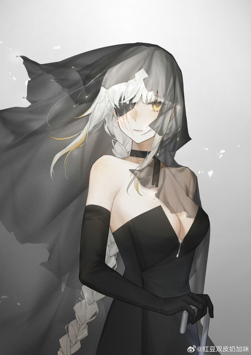 absurdres black_dress breasts dress eyepatch highres m16a1_(boss)_(girls'_frontline) m16a1_(girls'_frontline) taiyang_ami white_hair yellow_eyes