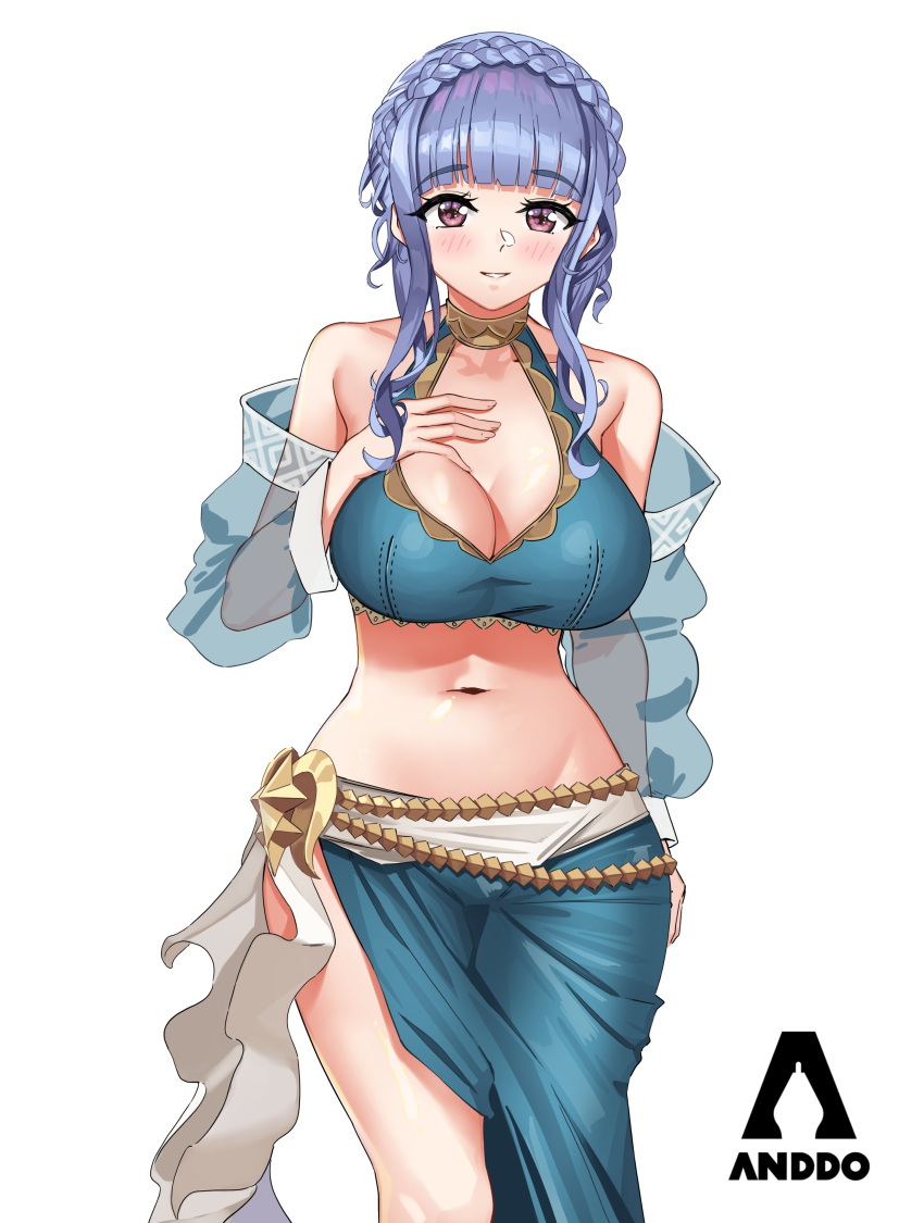 absurdres bikini blue_bikini blue_hair blue_sarong blush braid breasts brown_eyes cleavage crown_braid fire_emblem fire_emblem:_three_houses fire_emblem_heroes highres i_am_anddo jewelry large_breasts long_hair looking_at_viewer marianne_von_edmund marianne_von_edmund_(summer) navel official_alternate_costume open_mouth sarong see-through see-through_sleeves simple_background smile swimsuit white_background wide_hips