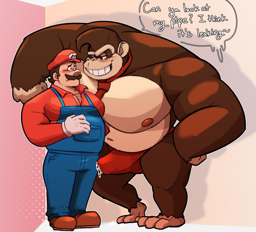 anthro ape big_pecs blush bodily_fluids brown_body brown_fur brown_hair bulge clothed clothing donkey_kong_(character) donkey_kong_(series) duo english_text erection erection_under_clothing facial_hair flirting fur genital_fluids gorilla grin hair haplorhine hat headgear headwear hi_res human human_on_anthro interspecies larger_anthro larger_male male male/male mammal mario mario_bros muscular muscular_anthro muscular_male mustache necktie nintendo nipples pecs precum precum_through_clothing primate shirtless size_difference smaller_human smaller_male smile sweat swirlzeez tenting text underwear underwear_only wet wet_clothing