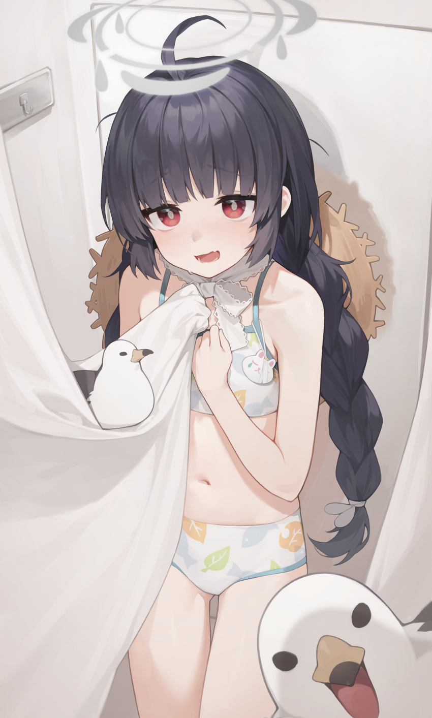 1girl absurdres ahoge bikini bird black_hair blue_archive blush braid hair_ribbon halo hat hat_around_neck highres indoors leaf_print long_hair looking_at_viewer miyu_(blue_archive) miyu_(swimsuit)_(blue_archive) mokew open_mouth red_eyes ribbon seagull shower_(place) shower_curtain straw_hat sweat swimsuit twin_braids very_long_hair white_ribbon