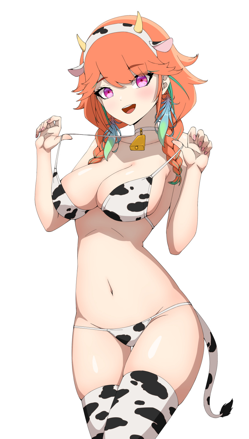 1girl absurdres animal_ears animal_print bell bikini black_bikini black_thighhighs blue_hair braid breasts choker cow_ears cow_girl cow_horns cow_print cow_print_bikini cow_tail cowbell daydarion fake_horns feathers gradient_hair green_hair hairband highres hololive hololive_english horns large_breasts long_hair looking_at_viewer multicolored_hair navel neck_bell open_mouth orange_hair pink_eyes simple_background skindentation smile solo stomach strap_lift string_bikini swimsuit tail takanashi_kiara thighhighs twin_braids two-tone_bikini two-tone_thighhighs virtual_youtuber white_background white_bikini white_choker white_hairband white_thighhighs