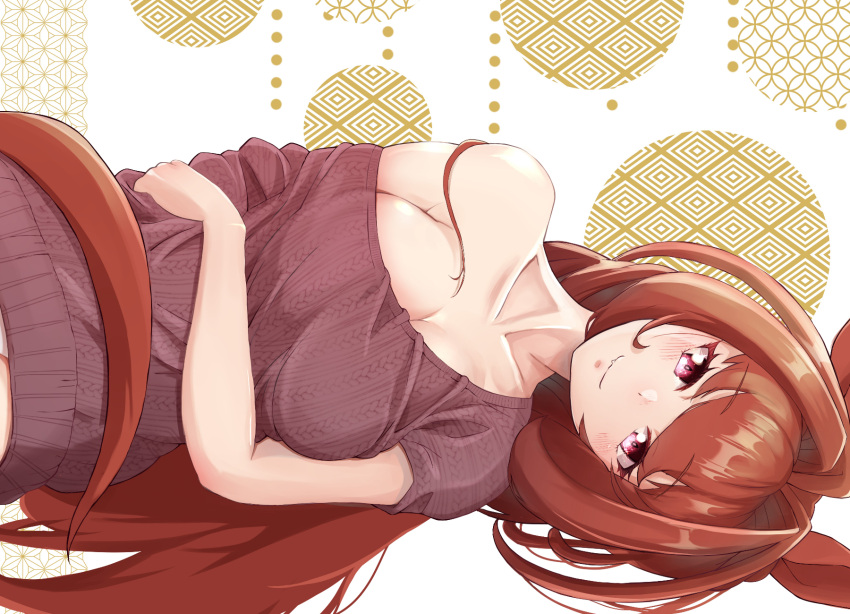 1girl animal_ears antenna_hair arm_under_breasts breasts cleavage closed_mouth collarbone commentary_request daiwa_scarlet_(umamusume) hair_intakes highres horse_ears horse_girl horse_tail large_breasts long_hair lying mashiroshiro on_side patterned_background red_eyes red_hair red_sweater simple_background single_bare_shoulder smile solo sweater tail twintails umamusume upper_body very_long_hair white_background