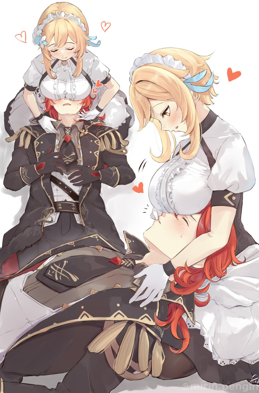 1boy 1girl alternate_costume bangs black_coat black_pants black_pantyhose blonde_hair blush breast_smother breasts closed_eyes coat diluc_(genshin_impact) dress face_to_breasts flower genshin_impact gloves hair_flower hair_ornament heart hetero highres lap_pillow large_breasts long_sleeves lumine_(genshin_impact) lying maid_headdress mirin_pengin multiple_views on_back pants pantyhose parted_lips puffy_sleeves short_hair_with_long_locks short_sleeves simple_background white_background white_dress white_gloves
