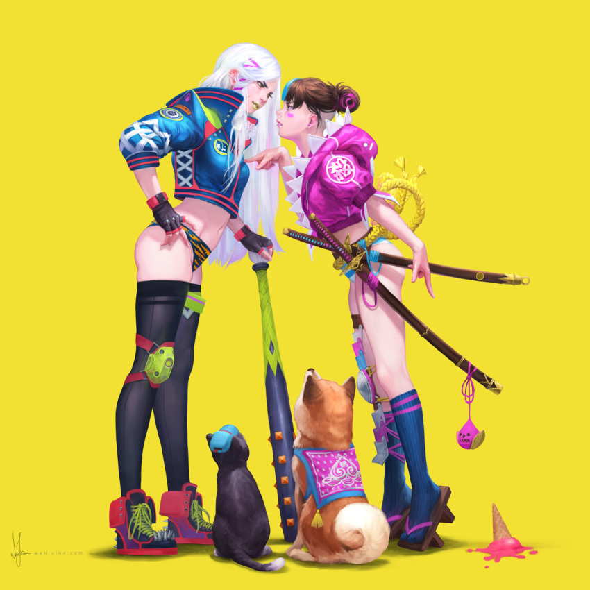 2girls animal_print baseball_bat boots cat cropped_jacket highres kneehighs long_hair multicolored_hair multiple_girls original pads panties pinup_(style) shiba_inu simple_background socks stare_down sword thighhighs tiger_print undercut underwear weapon wen_juinn white_hair