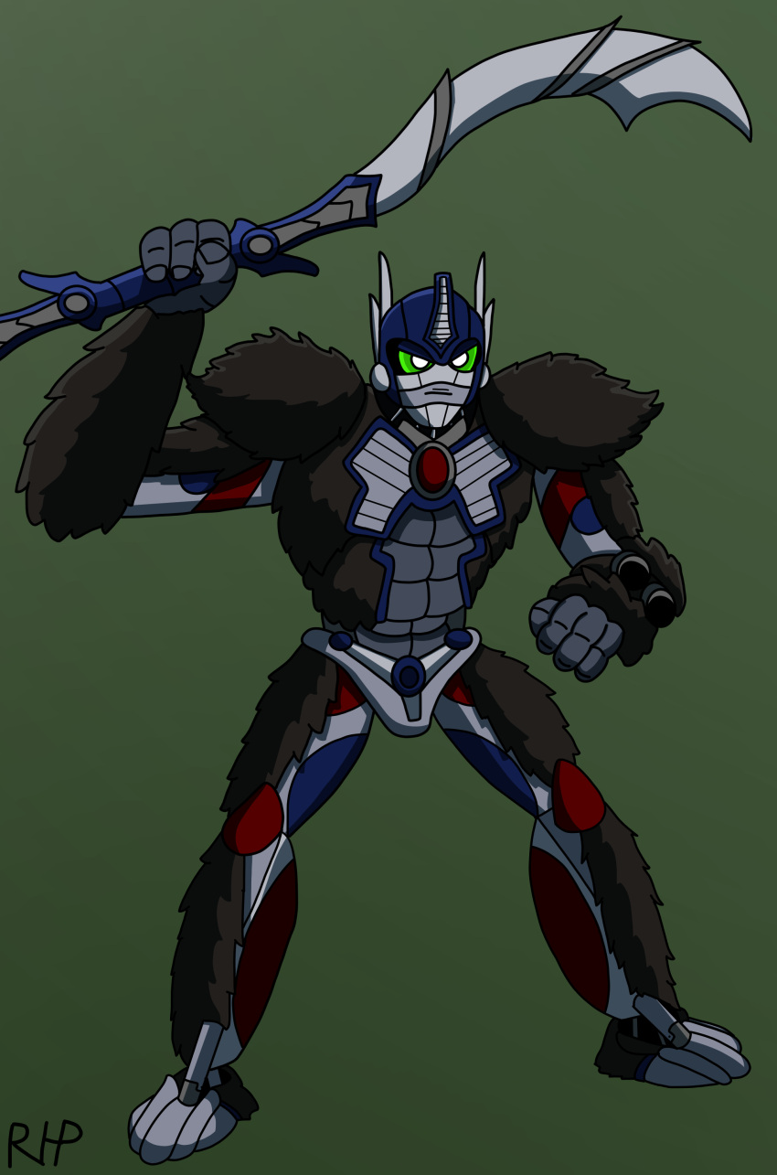 4_fingers absurd_res armor digital_media_(artwork) fingers green_eyes hasbro hi_res holding_object holding_weapon machine male melee_weapon not_furry optimus_primal plantigrade rhpenguin_(artist) robot simple_background solo sword takara_tomy transformers transformers:_beast_wars weapon