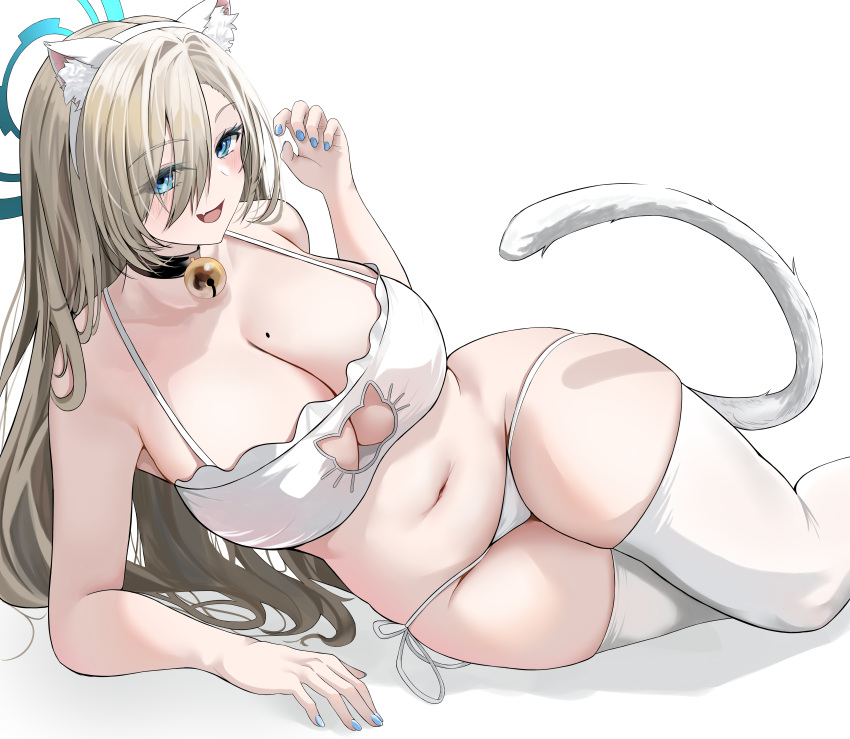 1girl :d absurdres animal_ears asuna_(blue_archive) bell black_collar blonde_hair blue_archive blue_eyes blue_nails bra breasts cat_cutout cat_ears cat_lingerie cat_tail clothing_cutout collar dlnk fake_animal_ears fang hairband halo highres jingle_bell large_breasts long_hair lying meme_attire mole mole_on_breast navel neck_bell on_side panties paw_pose skindentation smile solo stomach tail thighhighs thighs underwear very_long_hair white_bra white_hairband white_panties white_thighhighs