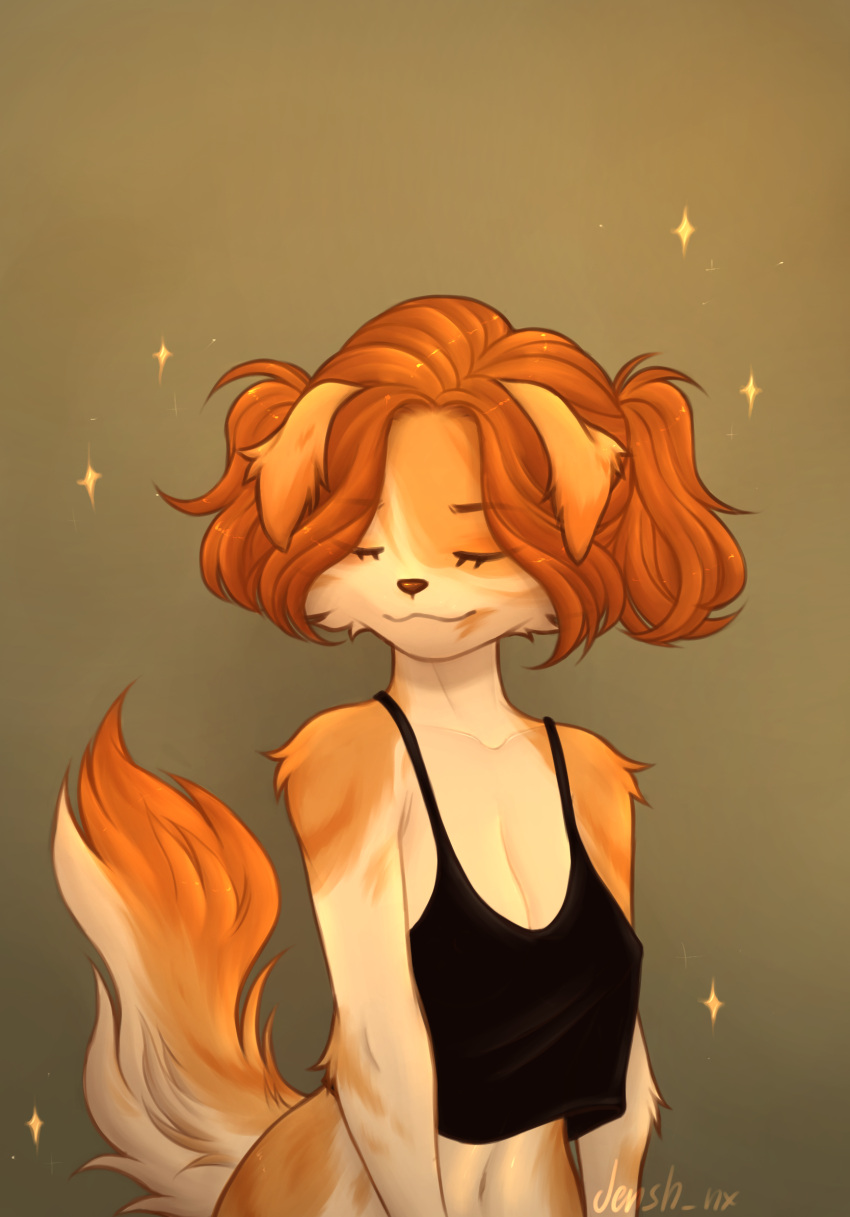 anthro blonde_hair breasts canid canine canis closed_smile clothed clothing curled_hair curled_tail curly_fur curvy_anthro curvy_body curvy_figure domestic_dog ears_down eyes_closed female fur girly green_background hair half_naked hi_res jensh_nx mammal mouth_closed orange_body orange_fur orange_hair orange_skin orange_tail pivoted_ears red_body red_fur red_hair shirt short_hair simple_background smile solo t-shirt t-shirt_only tail topwear white_body white_fur white_tail