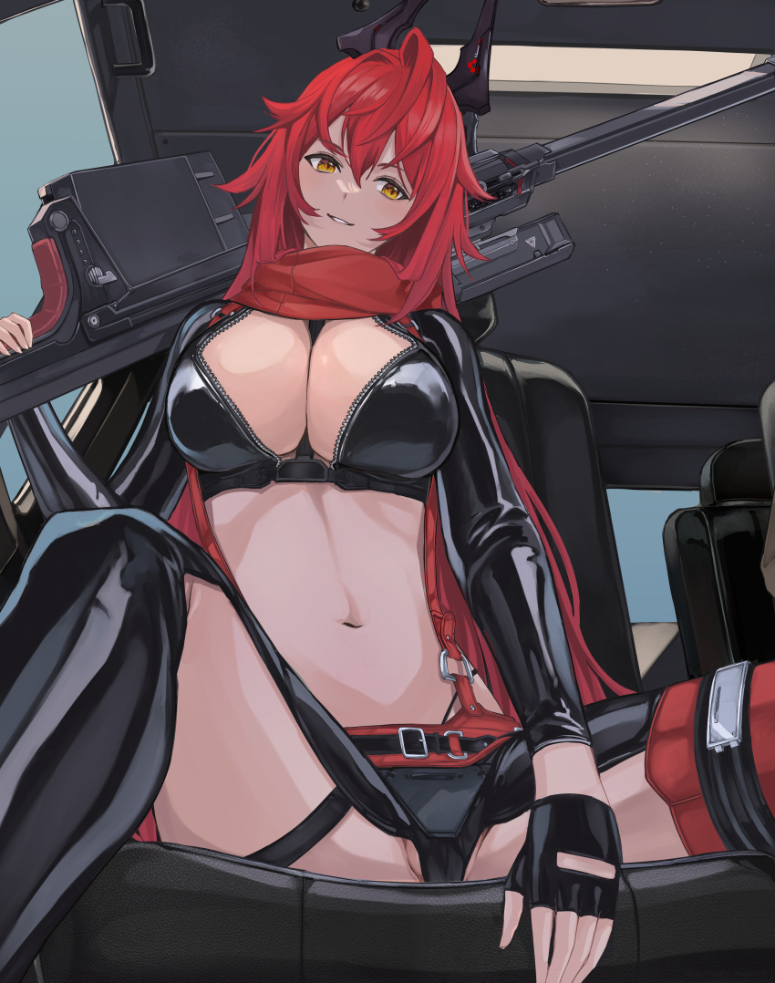 1girl absurdres black_gloves breasts chaps cleavage crop_top cropped_jacket fingerless_gloves gloves goddess_of_victory:_nikke grin gun hair_between_eyes headgear highres holding holding_weapon horns jacket large_breasts leather leather_jacket light_blush long_hair mechanical_horns navel orange_eyes partially_visible_vulva phinease red_hair red_hood_(nikke) red_jacket red_scarf rifle scarf sitting smile sniper_rifle solo unzipped very_long_hair weapon zipper