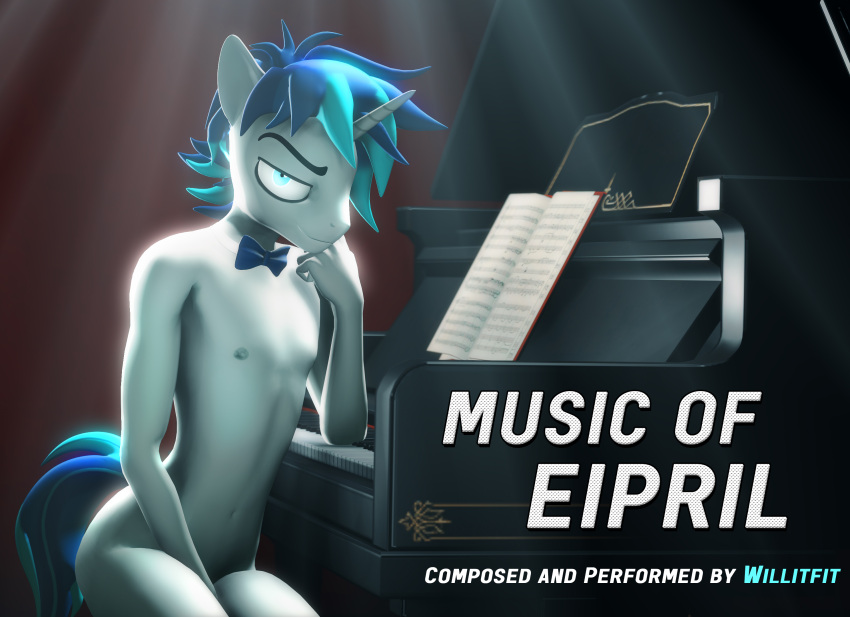 album album_art album_cover anthro blue_hair bow_tie composer cover emo emo_haircut equid equine eyeliner friendship_is_magic girly hair hasbro hi_res horse inviting keyboard_instrument makeup male mammal midriff music musical_instrument my_little_pony nude piano pinup playing_music playing_piano pony pose slim small_waist smile smiling_at_viewer solo willitfit