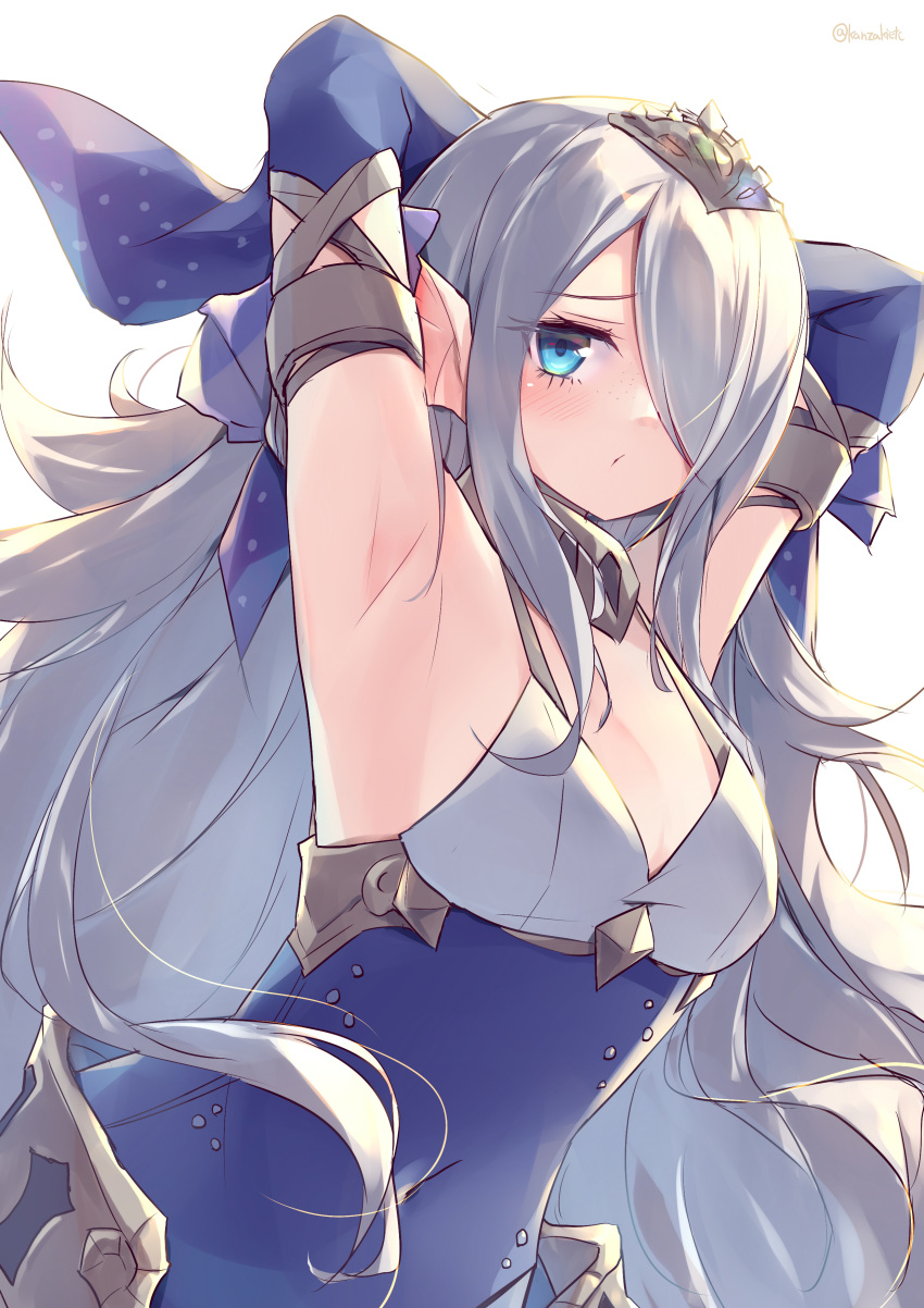 1girl :o absurdres armpits arms_behind_head blue_dress blue_eyes breasts collar commentary_request dress duel_monster fins grey_hair hair_ornament hair_over_one_eye head_fins highres kanzakietc light long_hair metal_collar siren_(mythology) sleeves_past_fingers sleeves_past_wrists small_breasts solo tearlaments_havnis yu-gi-oh!