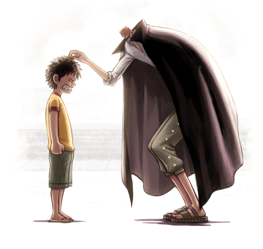 2boys anatomical_nonsense bad_proportions black_cape cape clenched_teeth crying from_side green_pants hat highres leaning_forward male_focus meme mini_hat monkey_d._luffy multiple_boys one_piece pants parody profile sakkan sandals scene_reference shanks_(one_piece) shirt small_head smile straw_hat teeth white_shirt yellow_shirt
