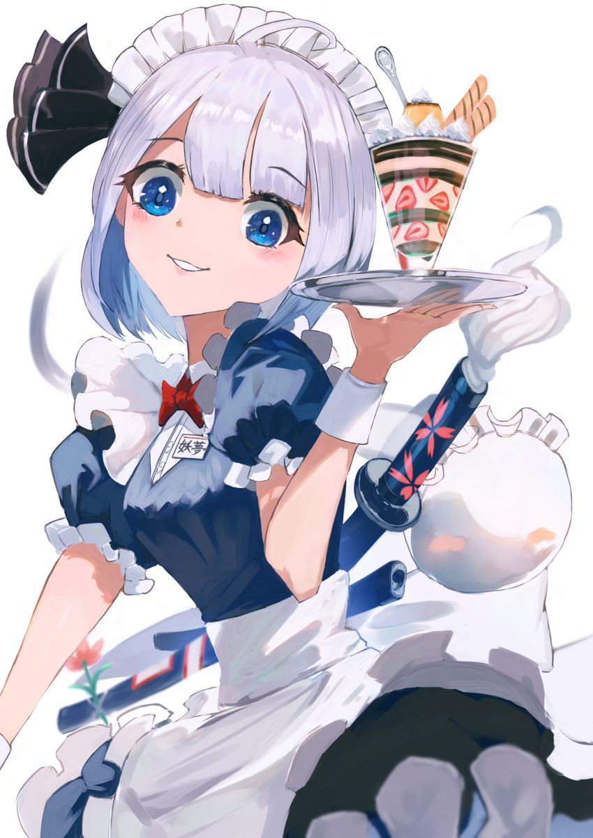 absurdres alternate_costume apron blue_eyes blue_shirt bow bowtie frilled_skirt frills grey_hair hat highres hitodama konpaku_youmu konpaku_youmu_(ghost) konpaku_youmu_(shivering_maid_samurai) looking_at_viewer maid maid_apron maid_headdress mob_cap myon_(phrase) official_alternate_costume parfait puffy_short_sleeves puffy_sleeves red_bow red_bowtie ryes_8 sheath shirt short_hair short_sleeves skirt sliding_doors smile touhou touhou_lost_word tray