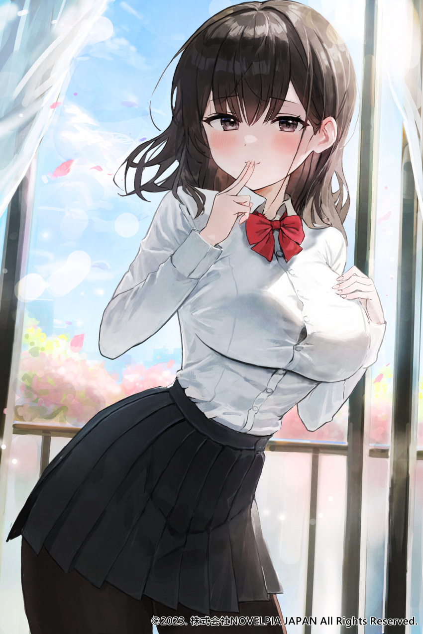 1girl absurdres bad_anatomy black_pantyhose black_skirt blush bow bowtie breasts brown_hair day fingers_to_mouth hand_on_own_chest highres indoors large_breasts long_sleeves pantyhose pleated_skirt red_bow red_bowtie shirt skirt sonchi standing watermark white_shirt window