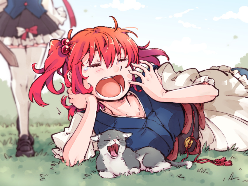 2girls black_footwear bow cat dress dress_bow kitsune_maru lying multiple_girls on_grass on_side onozuka_komachi red_hair rod_of_remorse shiki_eiki thighhighs touhou white_thighhighs yawning