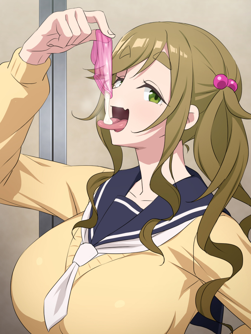 1girl breasts brown_hair condom cum cum_in_mouth drinking_from_condom fang green_eyes hair_bobbles hair_ornament highres holding holding_condom inuyama_aoi large_breasts long_hair long_sleeves looking_at_viewer school_uniform side_ponytail skin_fang solo tedain thick_eyebrows used_condom yurucamp