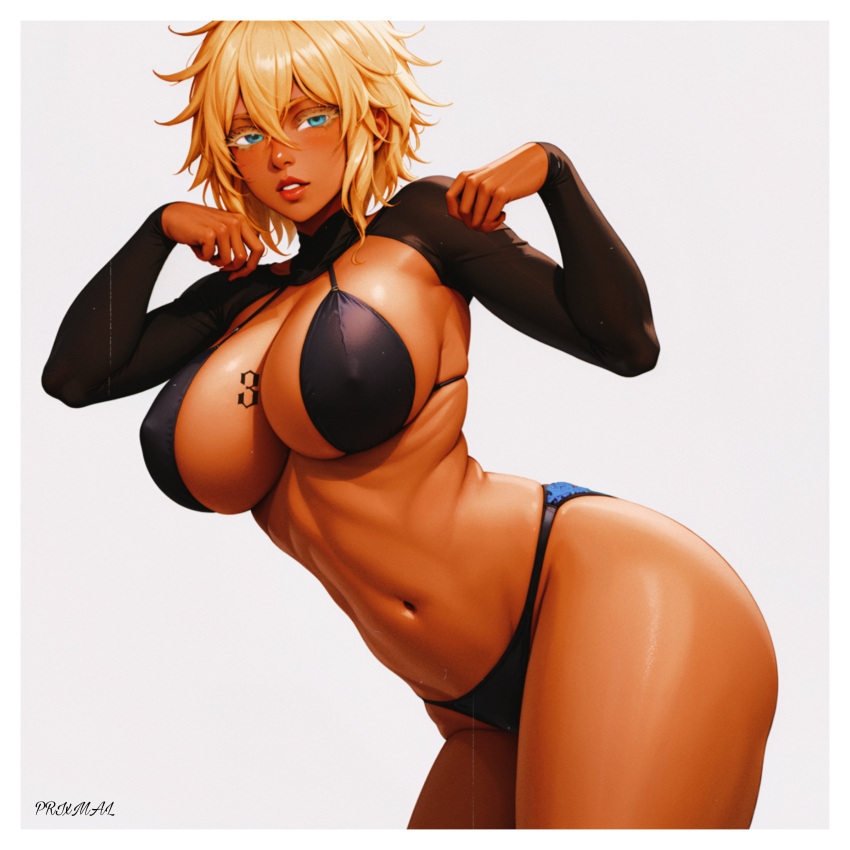 1girl absurdres bikini black_bikini black_shrug bleach blonde_hair breast_tattoo breasts dark-skinned_female dark_skin from_side green_eyes hair_between_eyes highres large_breasts leaning_forward lips looking_at_viewer navel nose number_tattoo parted_lips prixmal short_hair shrug_(clothing) simple_background solo swimsuit tattoo tier_harribel white_background