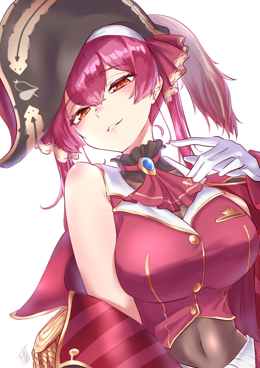 1girl absurdres ascot black_headwear breasts coat cropped_jacket gloves hair_ribbon highres hololive houshou_marine houshou_marine_(1st_costume) jacket large_breasts leotard leotard_under_clothes long_hair looking_at_viewer red_ascot red_coat red_eyes red_hair red_jacket red_ribbon ribbon shao_(newton) sleeveless sleeveless_jacket smile solo twintails two-sided_coat virtual_youtuber white_background white_gloves yellow_eyes